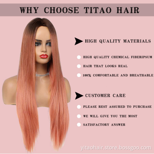 Ombre Colour Hair Cheap Long Natural Straight Synthetic Hair Wig Pastel Pink Cosplay Non Lace Middle Part Wigs for Black Women